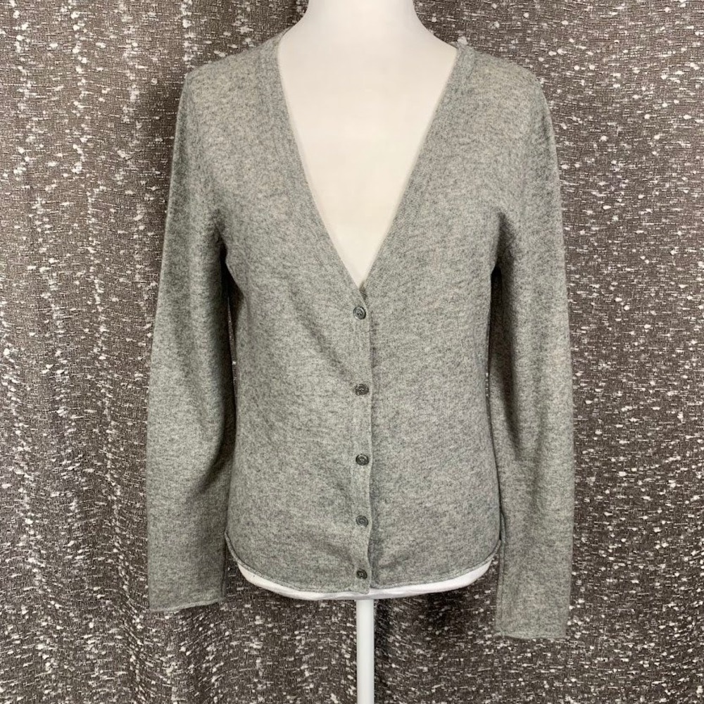 Garnet Hill Wool Cashmere Cardigan Sweater Gray V-Neck Luxury Women's Small